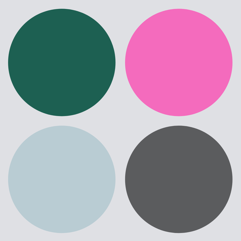 Four circles in different colours (dark green, bright pink, pale blue, dark grey) on a light grey background.