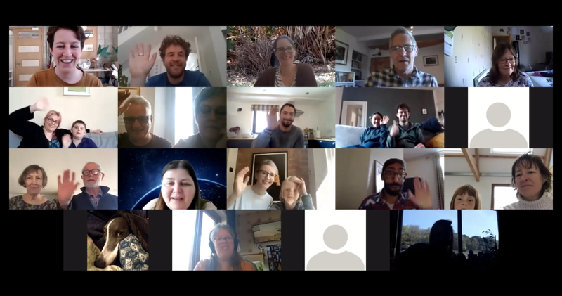 19 photos of people on a video call, most smiling and waving, some without images.