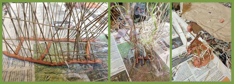 Three photos - first one is a ladder shaped bit of plasticine flat on a table, with thin twigs poking upwards on each side, the second photo shows the same structure from a different angle, filled with hay, the final photo is a child&#x27;s effort with a tripod of twigs stuck in plasticine, and a wood bird stuck on top