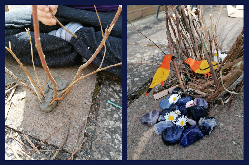 Two photos - on the left are some sticks poked into plasticine, on the right is an avenue style bower made from twigs with some blue stones and daisies in front and two brightly painted wood birds.