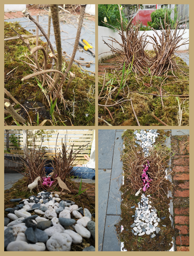 Four photos - first is some twigs poked into a mossy ground, second is a structure made from twigs on the mossy ground in the shape of an avenue bower, third is the same bower decorated with stones and pink petals, with wood birds and a plastic horse, fourth is the bower viewed form above where the petals can be seen inside the bower and stones radiate out from each end.