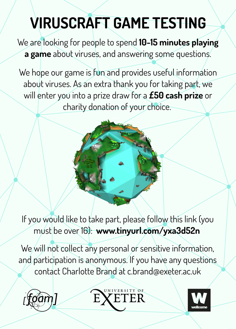 Advert for viruscraft game testing, outlining who we were looking for, what the game testing was about, and how to take part.